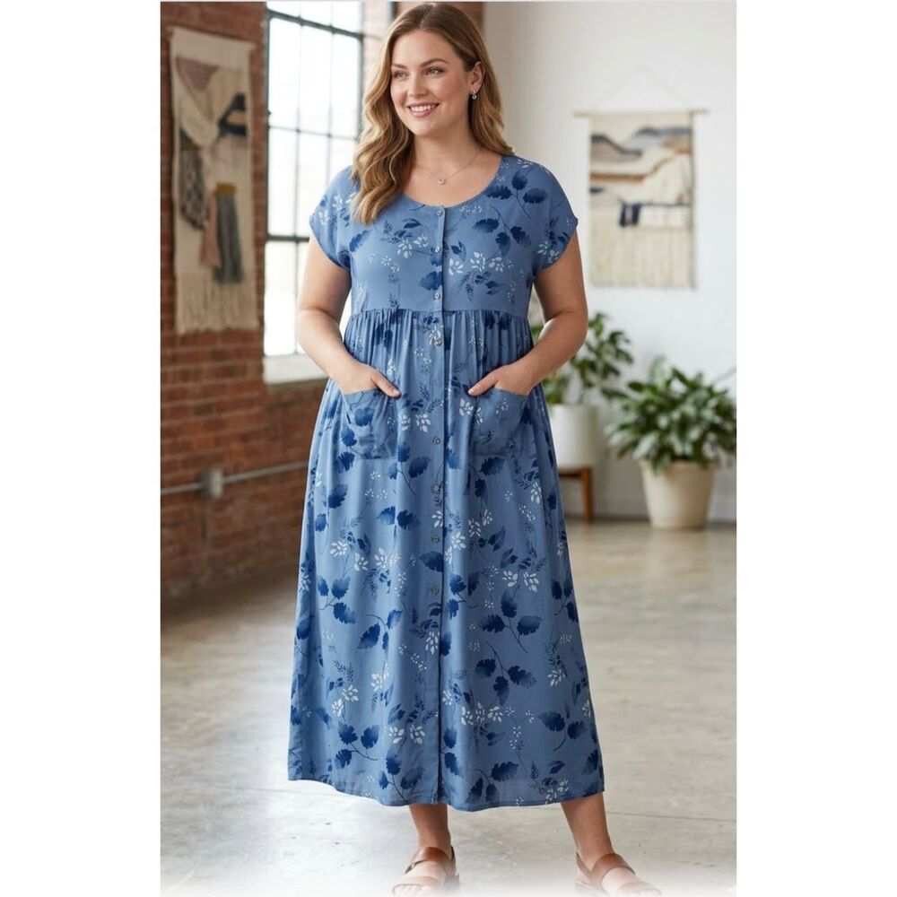 Jennifer Moore Dress, BlueFloral. Button Front, Cap Sleeves, Pockets Size XL